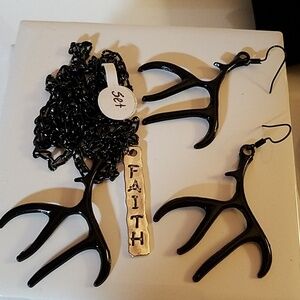 Deer Antlers Black Necklace 32" & Earring 3"